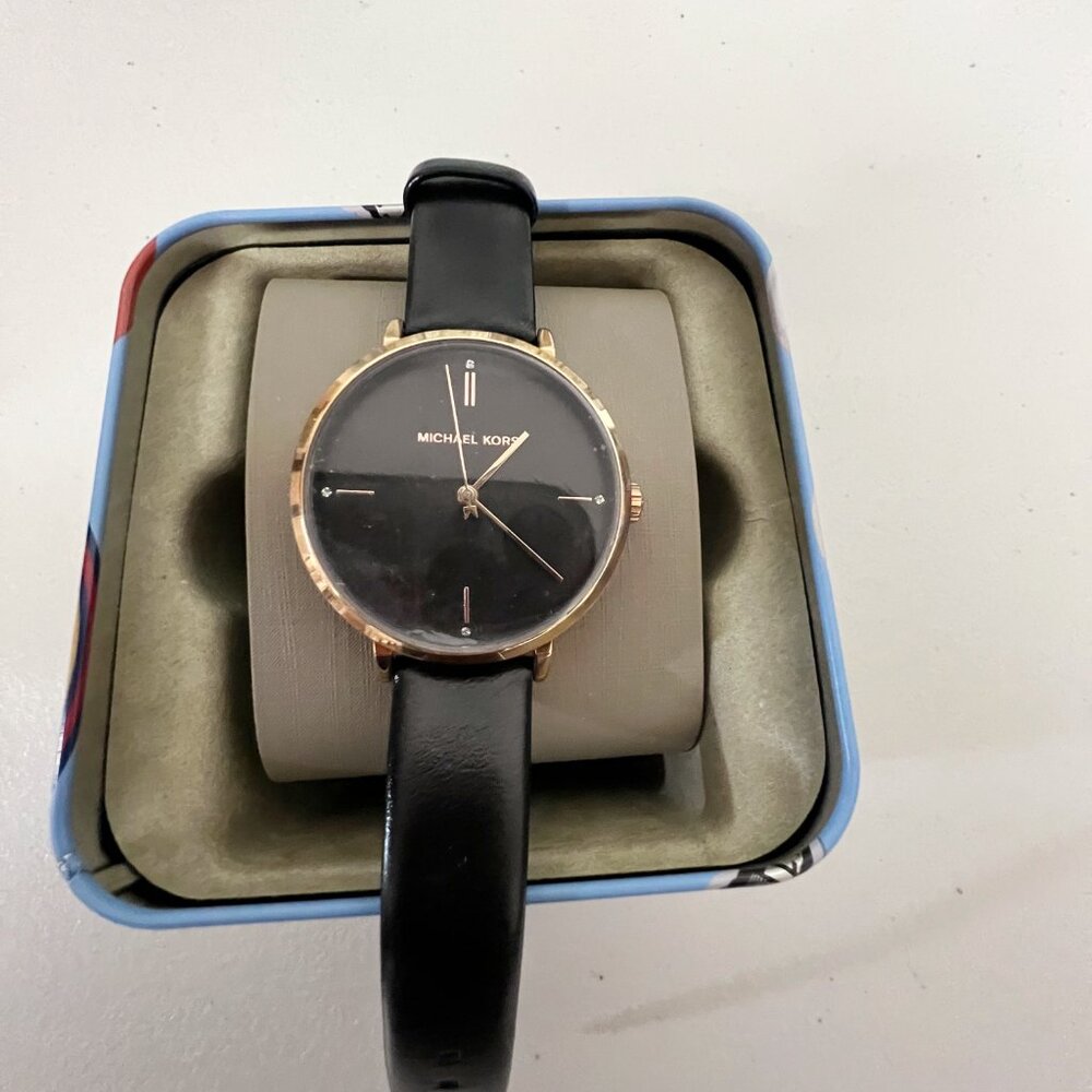 Michael Kors MK7101 Jayne Three-Hand Rose Gold-Tone and Black Leather Watch